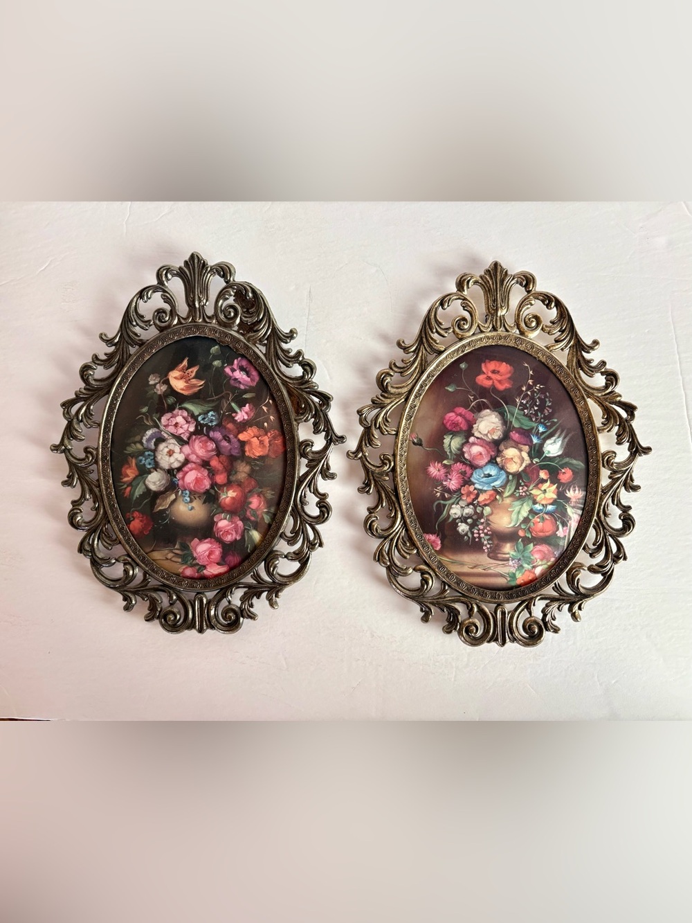 Vintage Ornate Wrought Iron Italian Framed Bubble Glass Floral Prints Set of 2